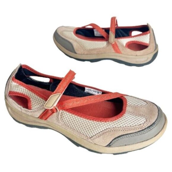 Lands End Trekker Shoes 9.5 Khaki Beige Burnt Orange Mary Janes Comfortable - Picture 1 of 9